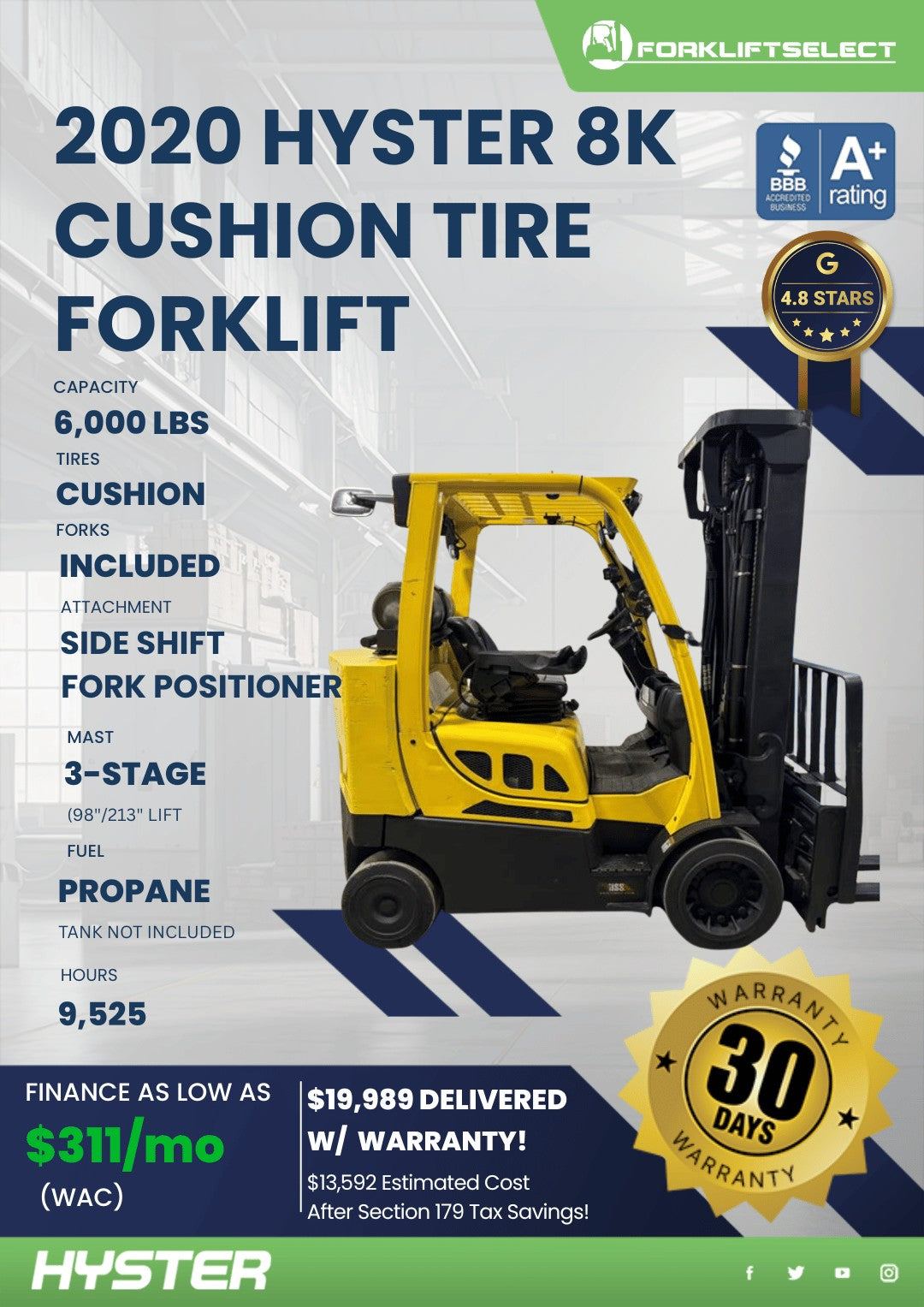 2020 Hyster 8K Cushion Tire Forklift