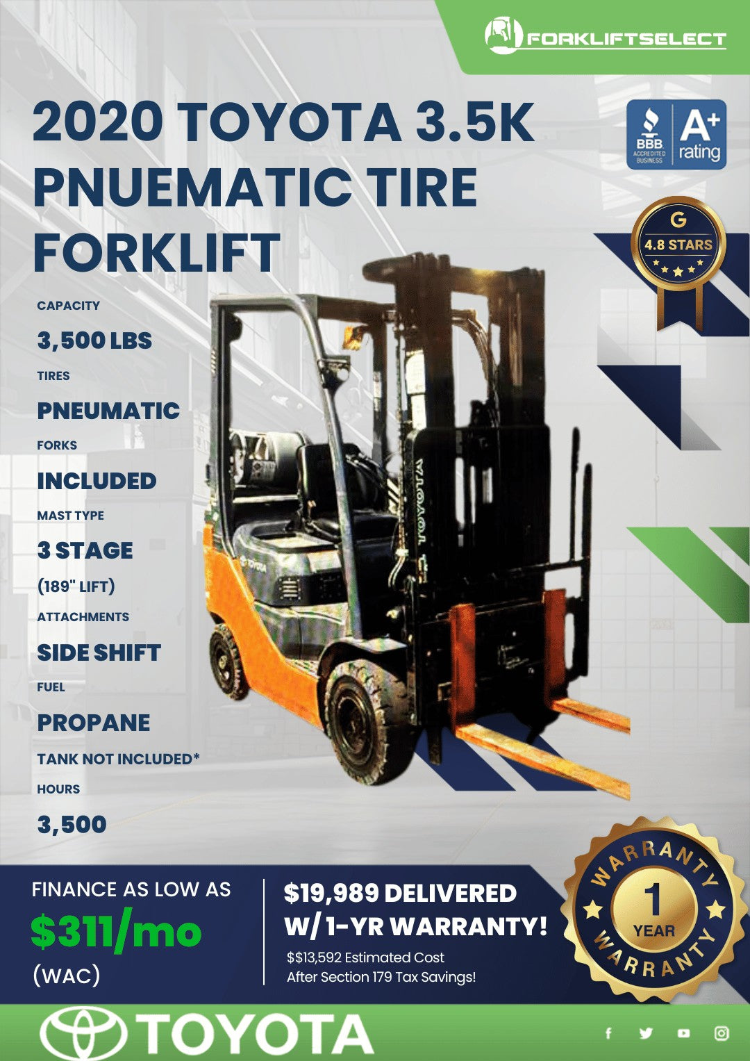 2020 Toyota 3.5K Pneumatic Tire For...