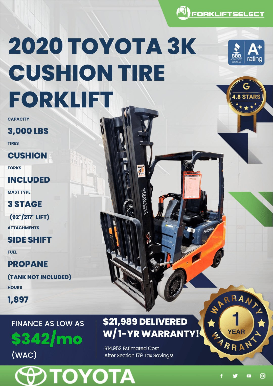 2020 Toyota 3K Cushion Tire Forklif...