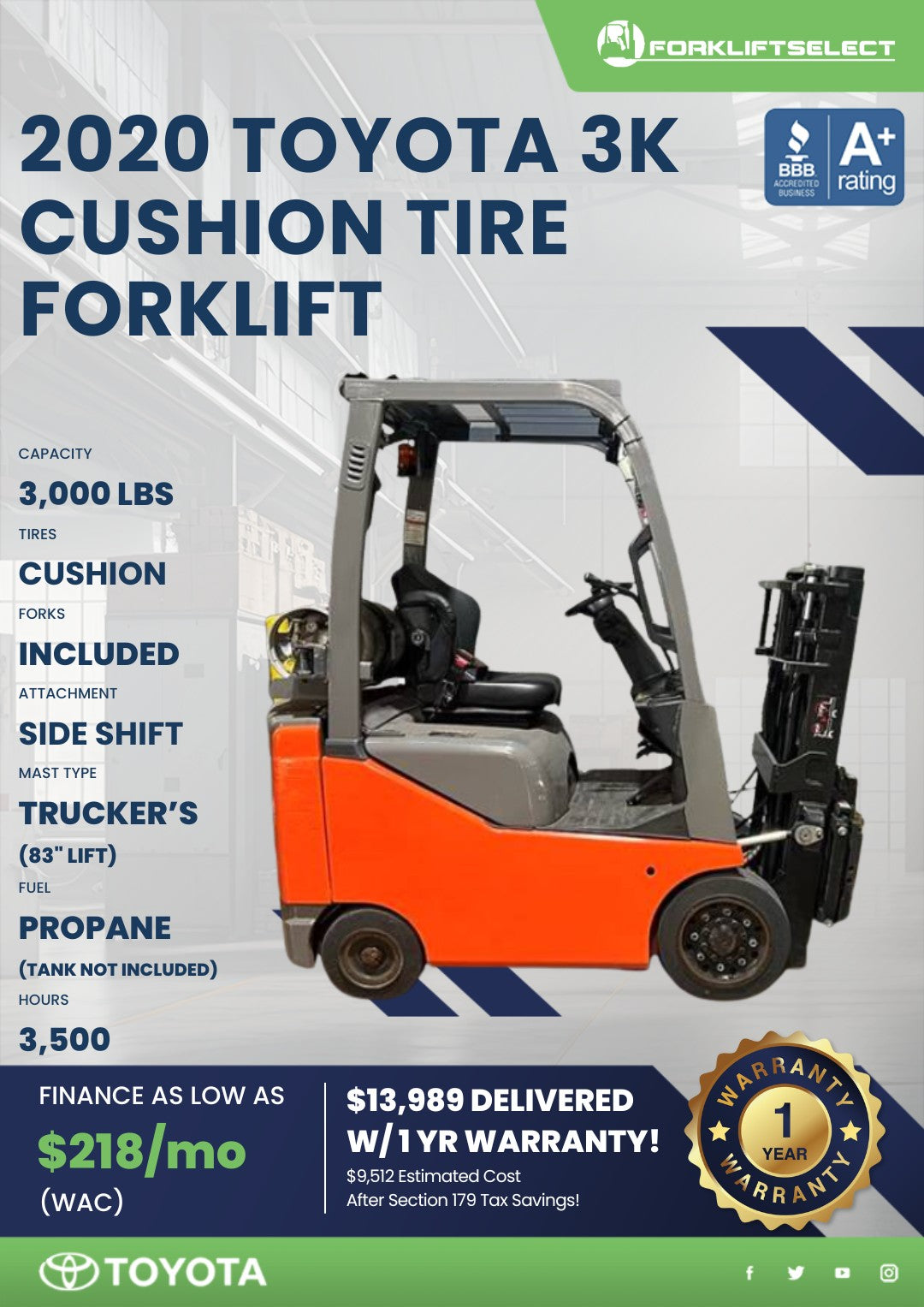 2020 Toyota 3K Cushion Tire Forklif...