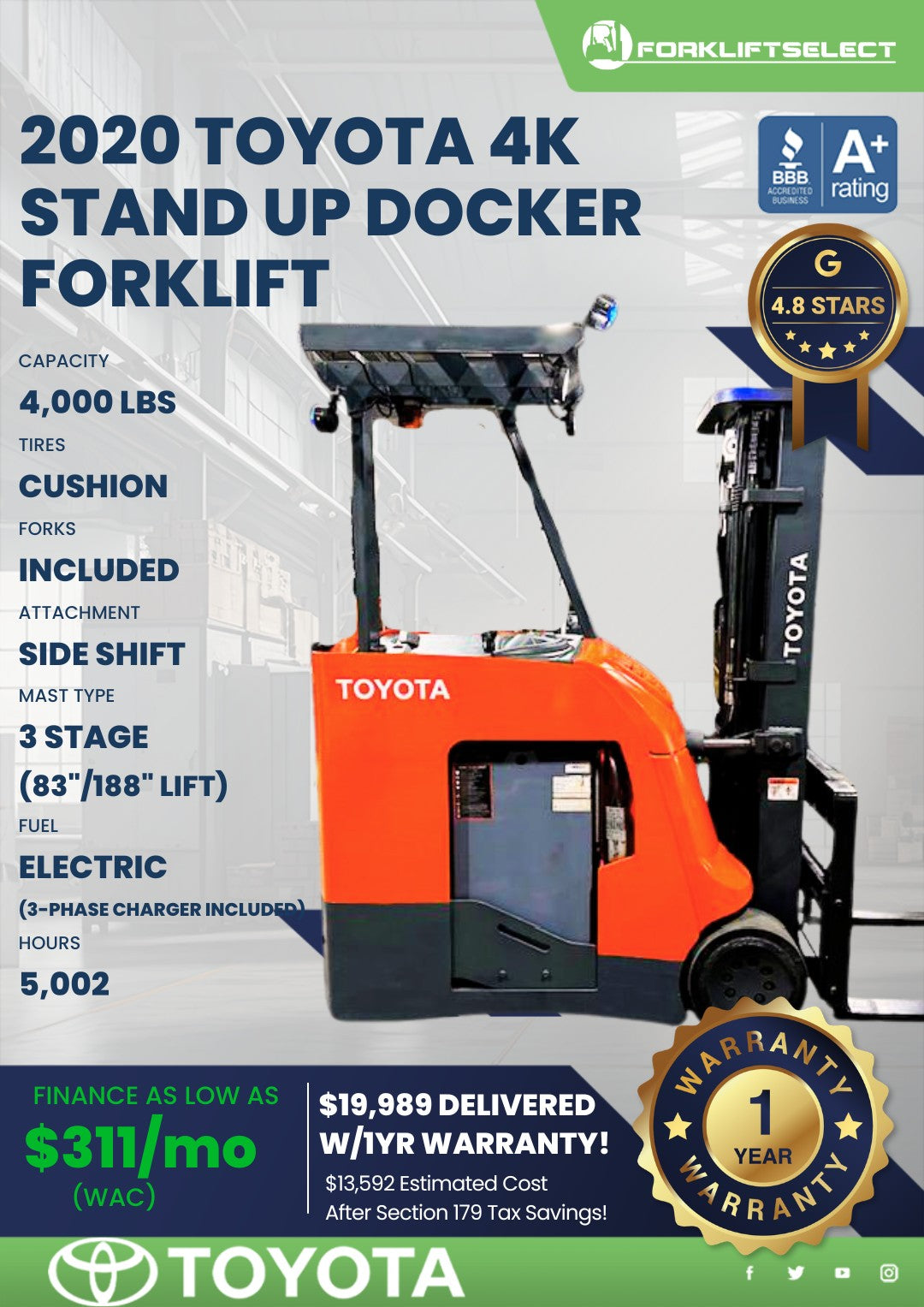 2020 Toyota 4K Cushion Tire Stand Up Docker Forklift