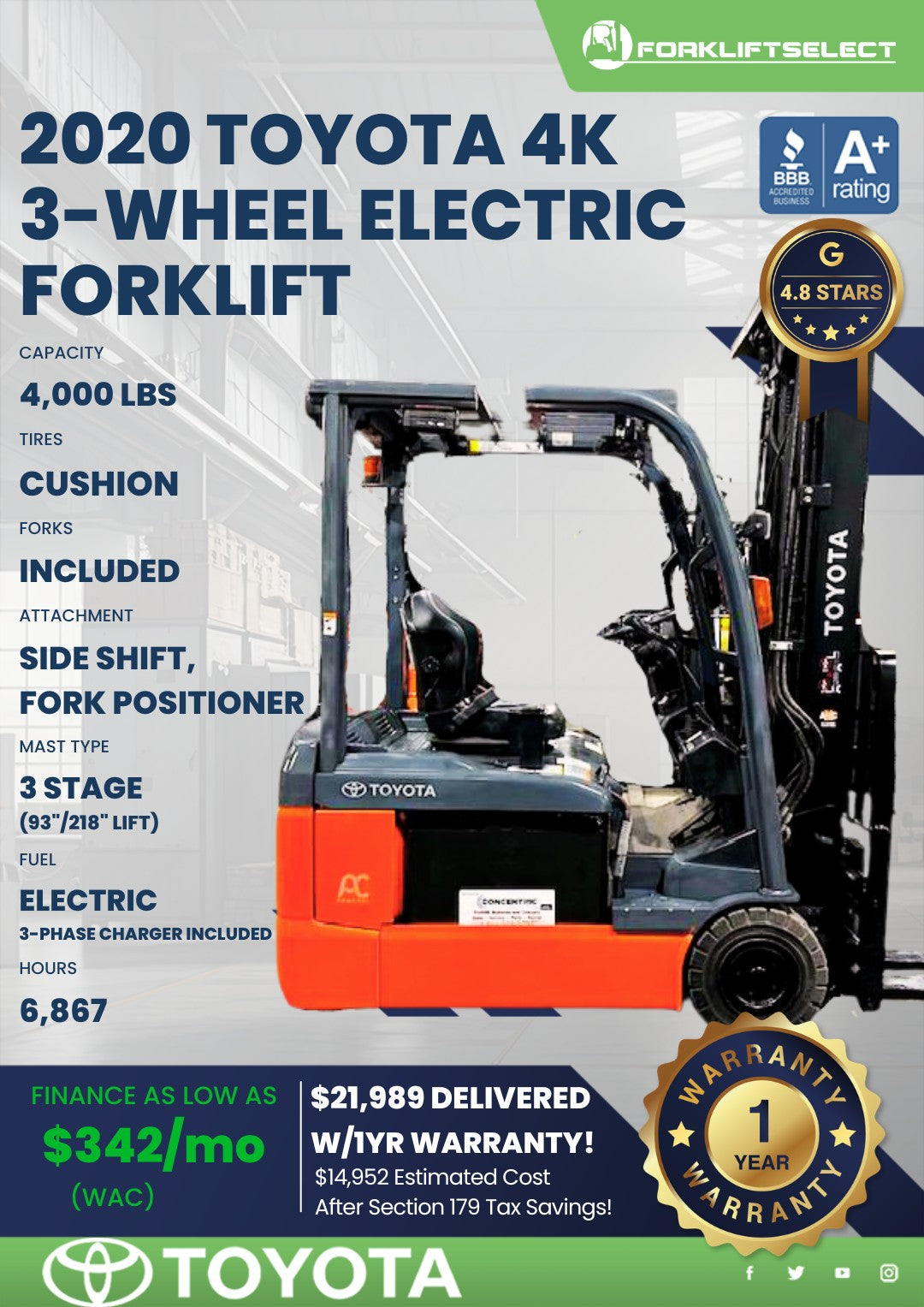 2020 Toyota 4K Cushion Tire Forklif...