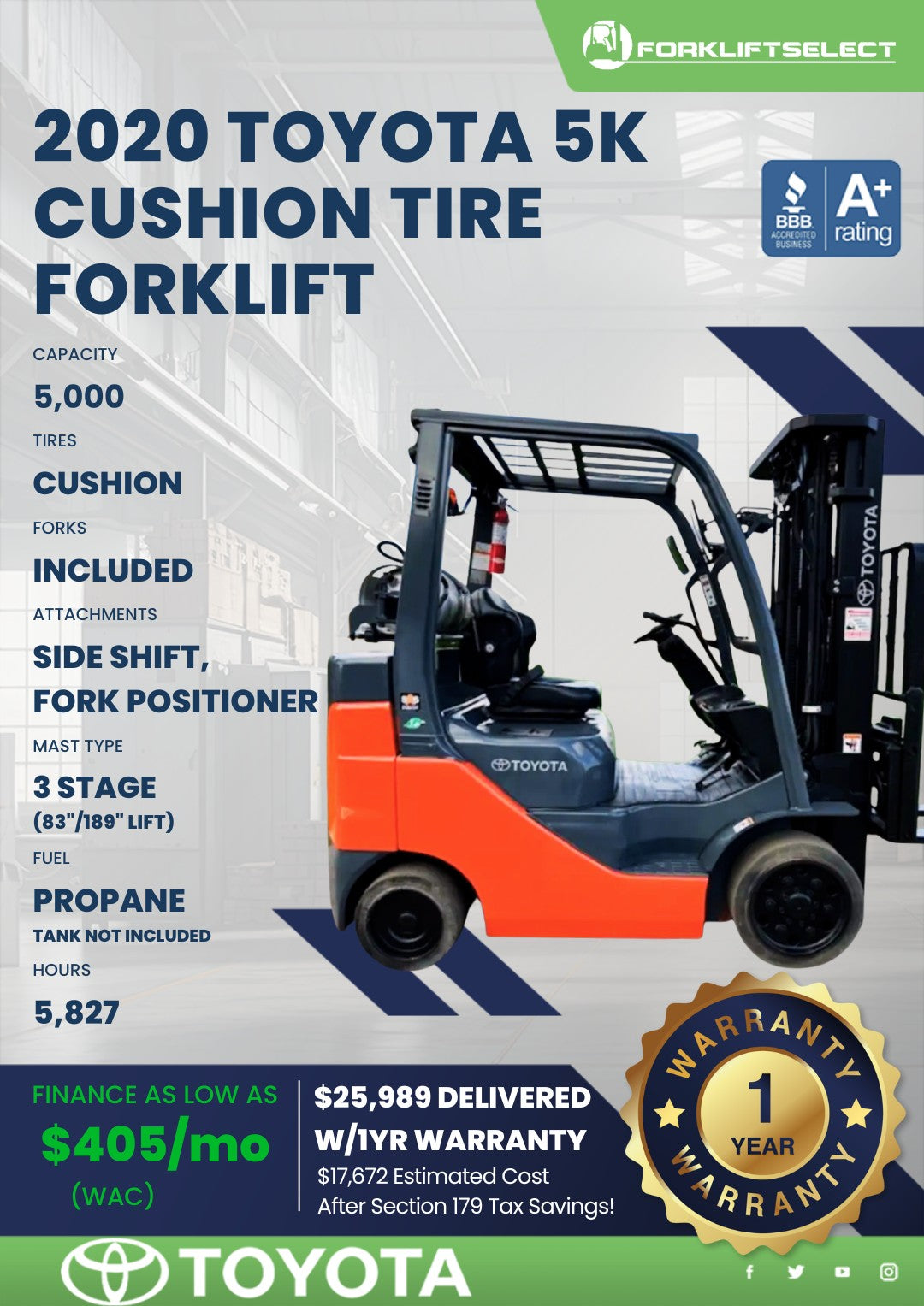 2020 Toyota 5K Cushion Tire Forklif...