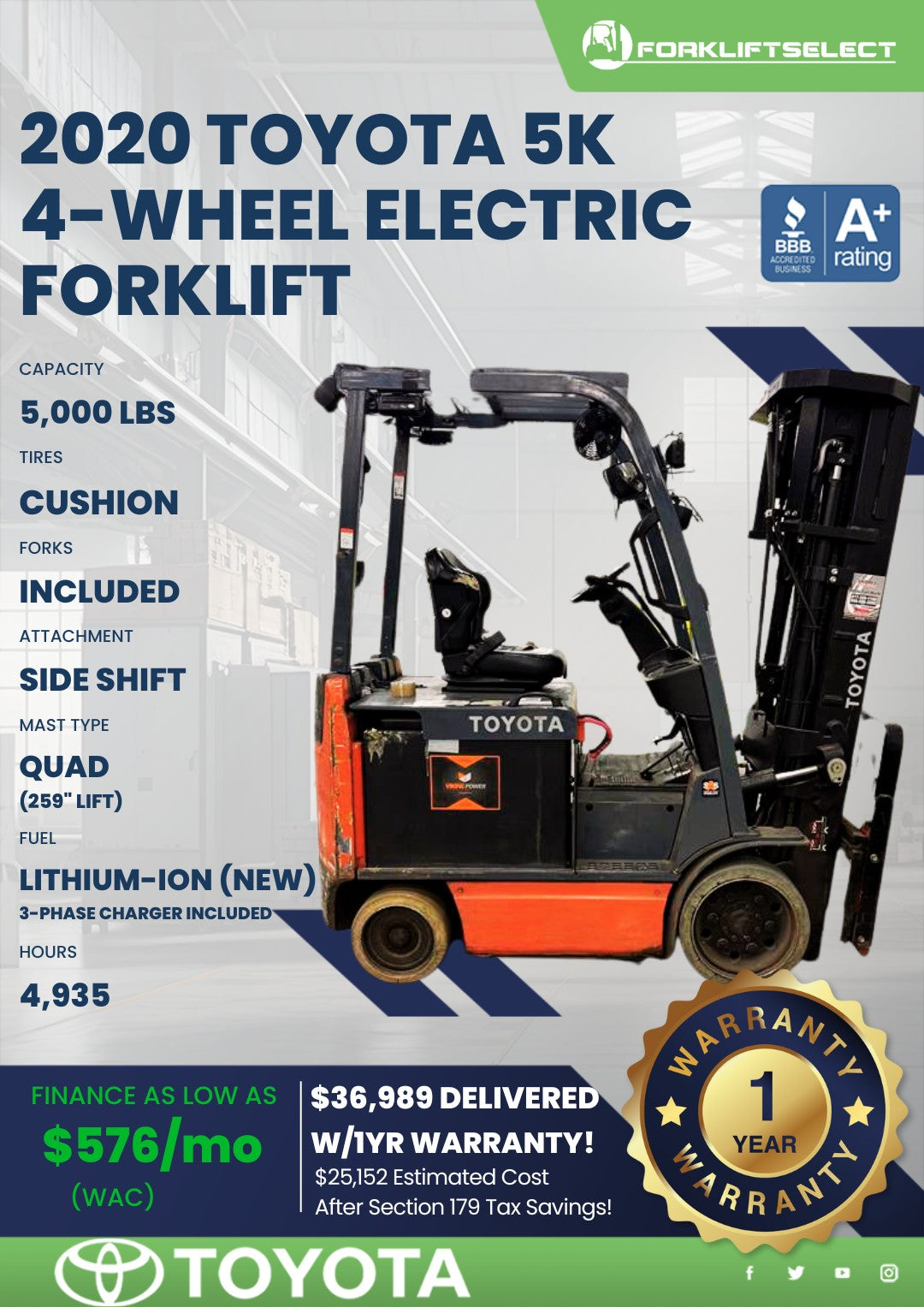 2020 Toyota 5K Cushion Tire Electri...