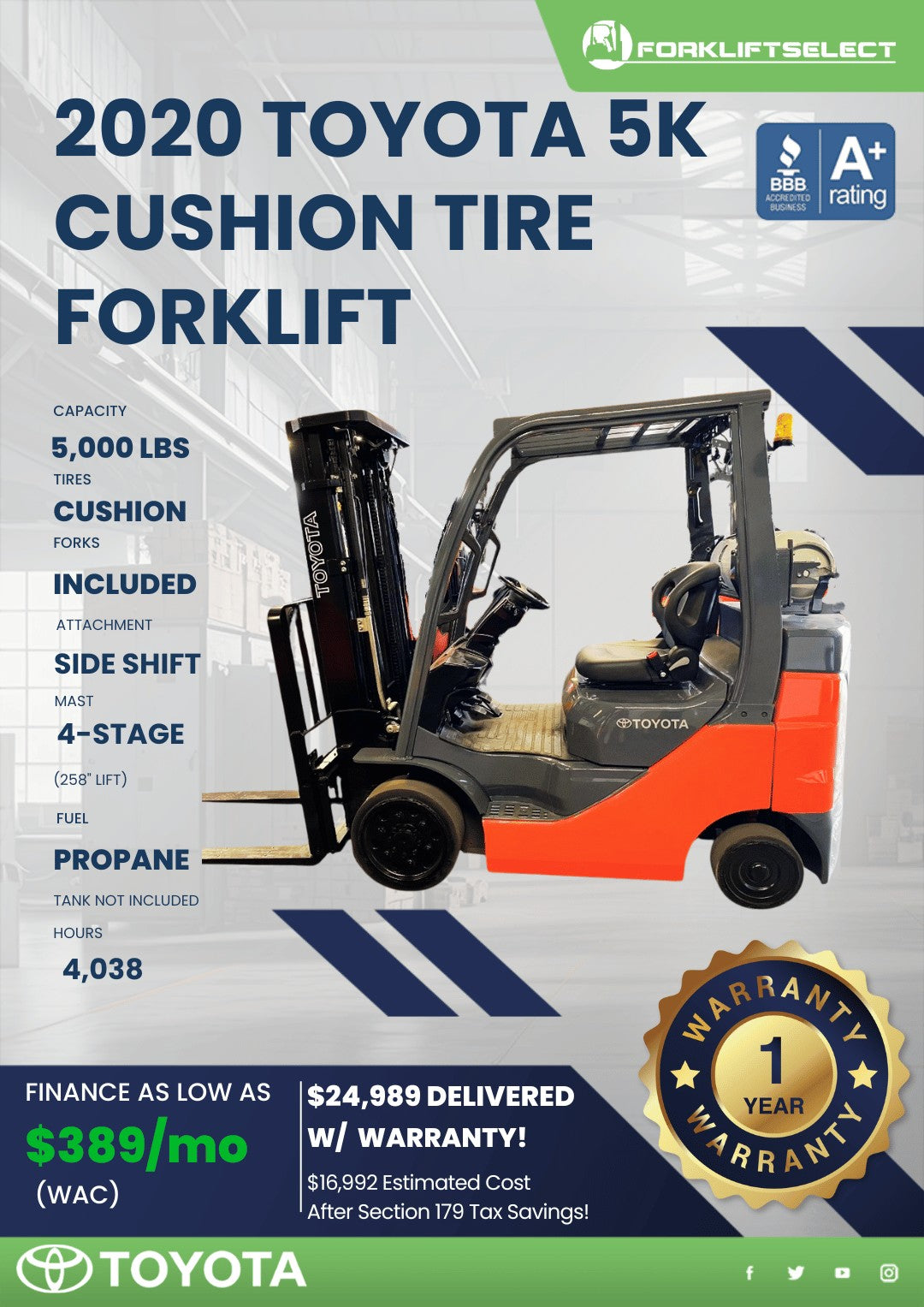2020 Toyota 5K Cushion Tire Forklif...