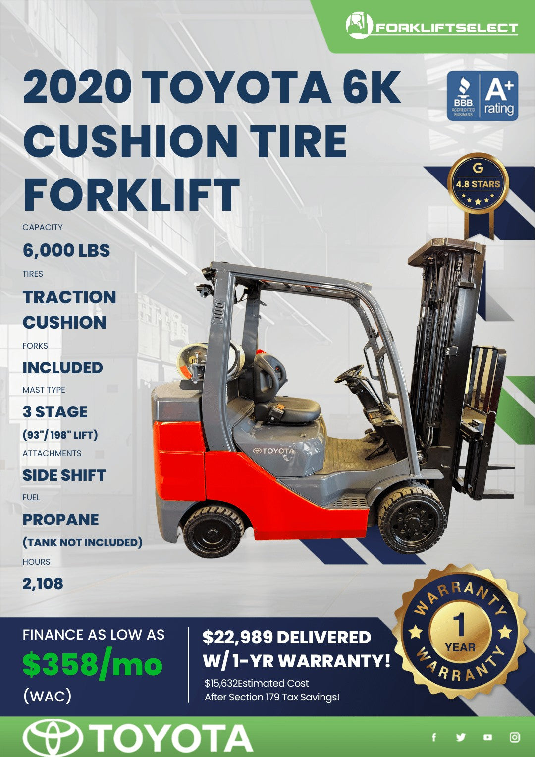 2020 Toyota 6K Cushion Tire Forklif...
