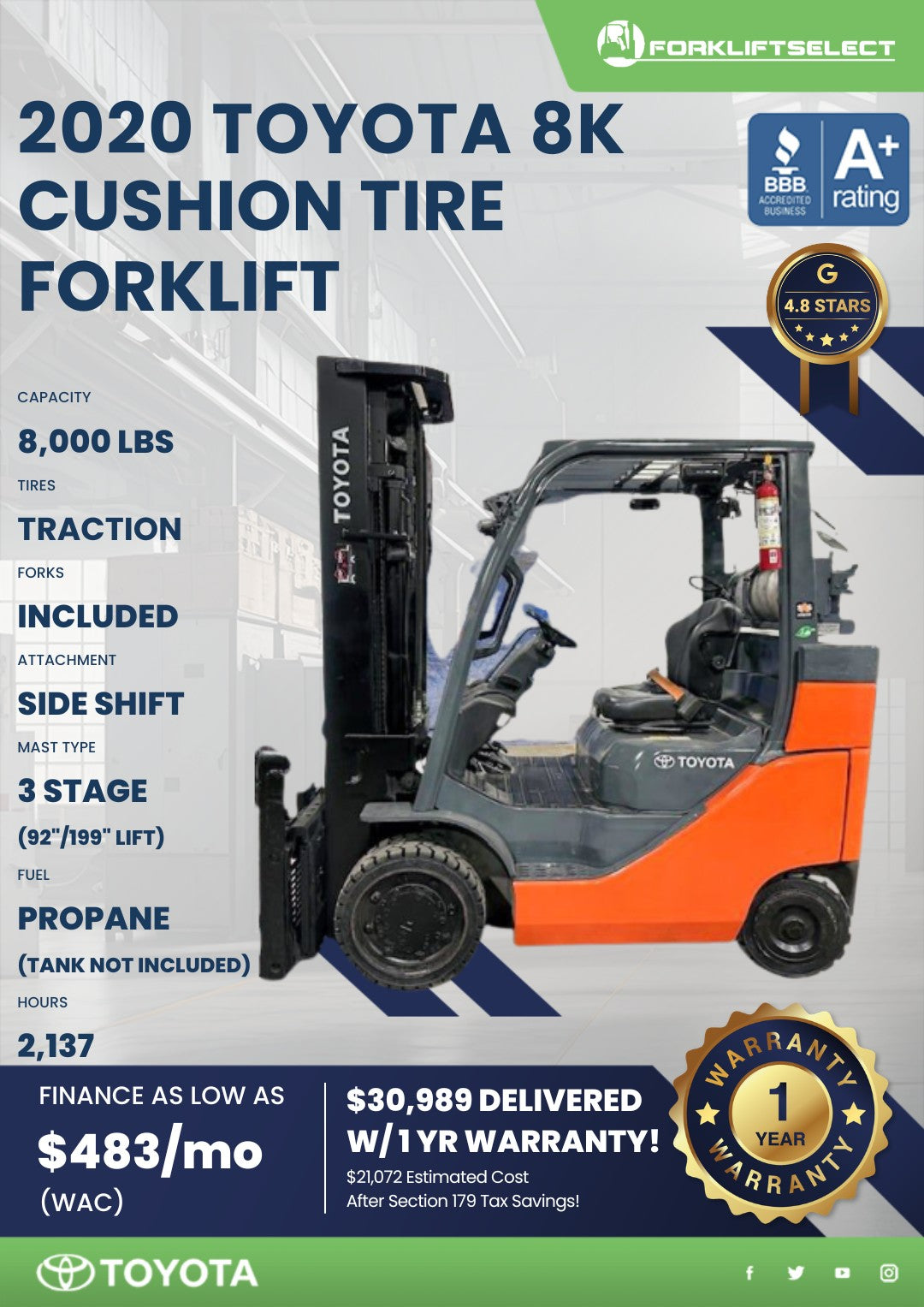 2020 Toyota 8K Cushion Tire Forklif...
