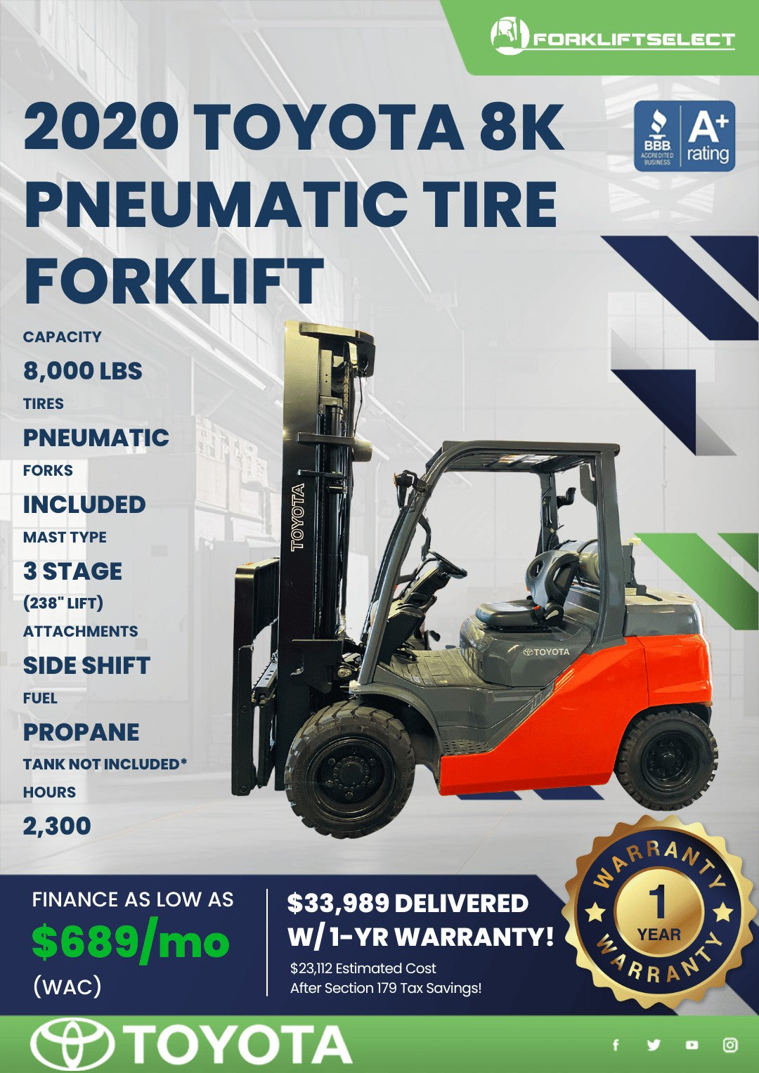 2020 Toyota 8K Pneumatic Tire Forkl...