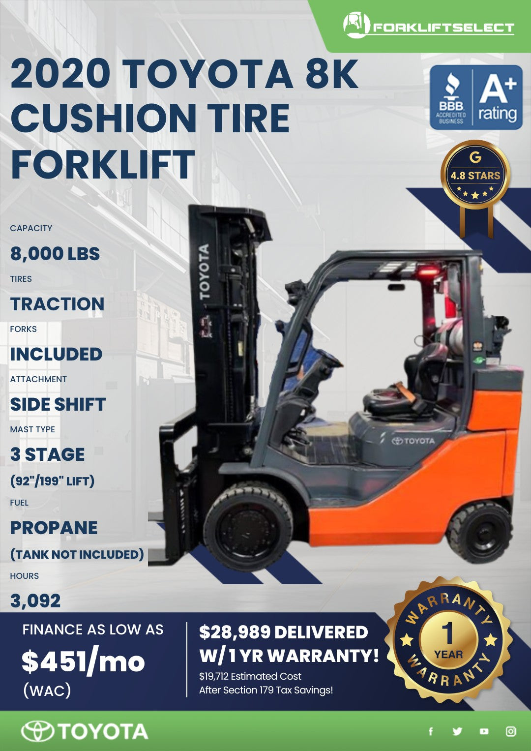 2020 Toyota 8K Cushion Tire Forklif...