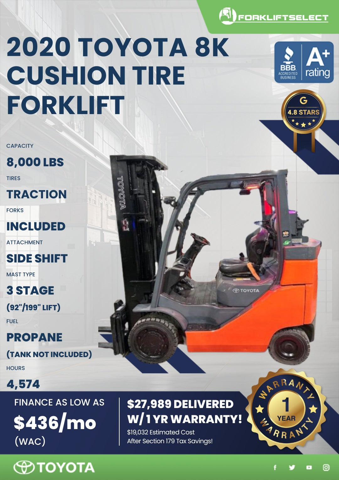 2020 Toyota 8K Cushion Tire Forklif...