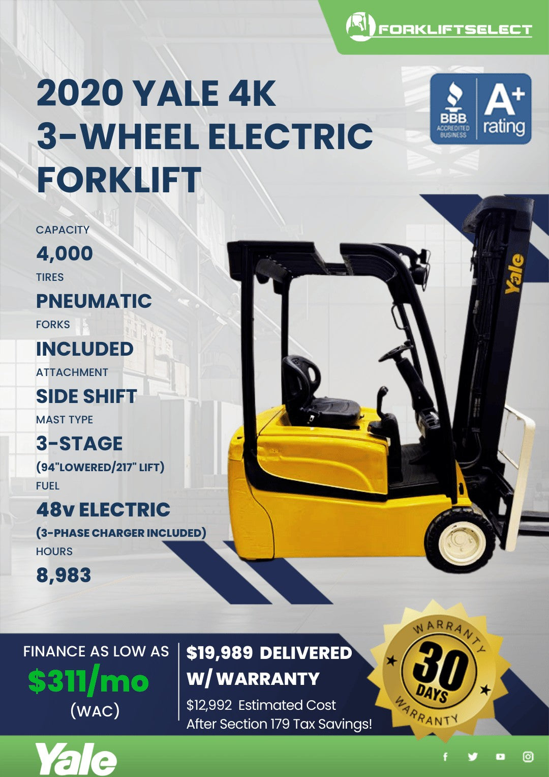 2020 Yale 4K Pneumatic 3-Wheel Elec...