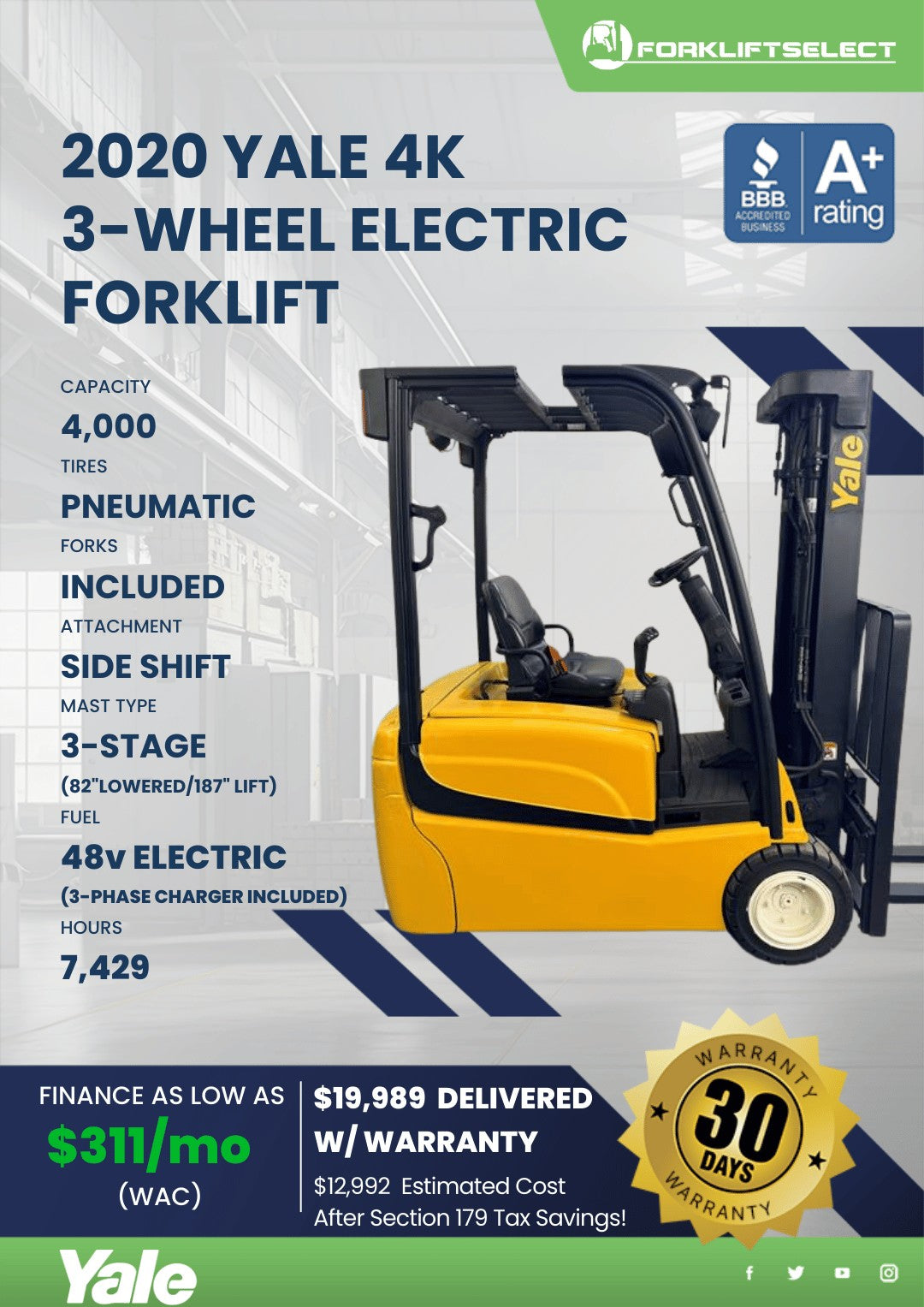 2020 Yale 4K Pneumatic Tire 3-Wheel...