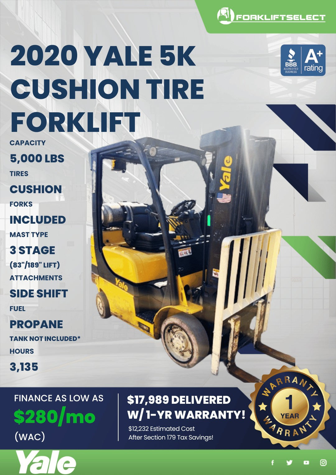 2020.0 Yale 5K Cushion Tire Forklif...