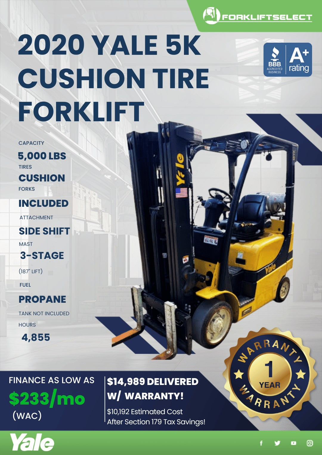 2020 Yale 5K Cushion Tire Forklift