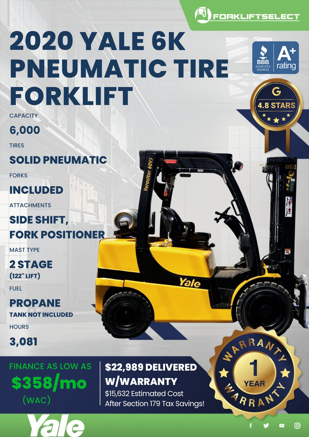 2020 Yale 6K Pneumatic Tire Forklif...