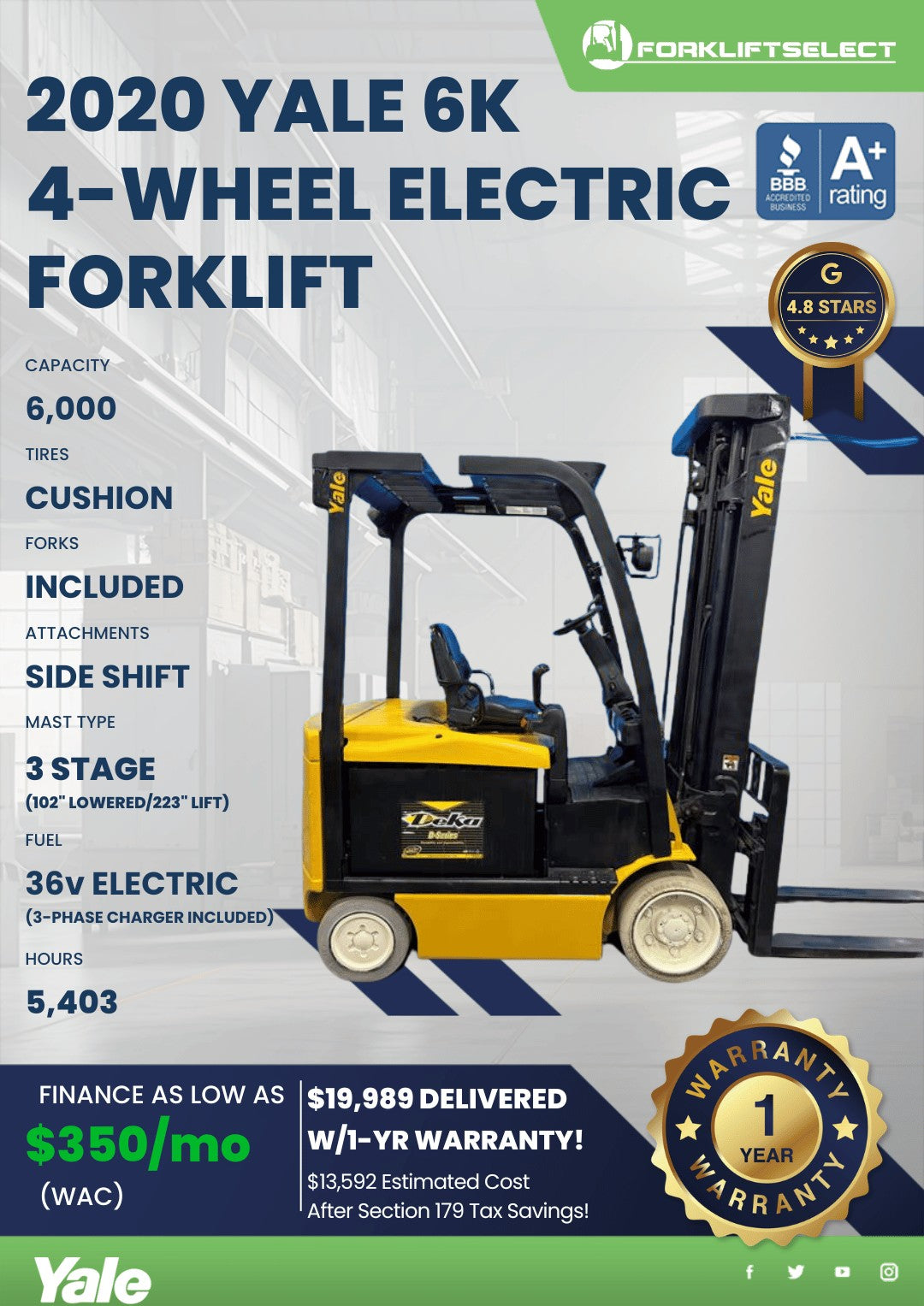 2020 Yale 6K Cushion Tire Forklift