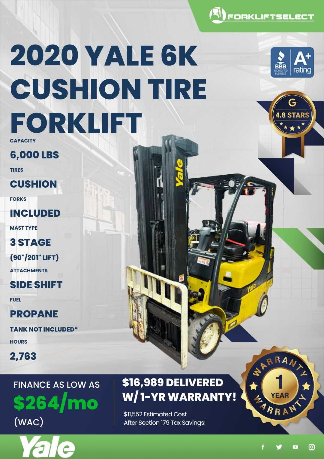 2020 Yale 6K Cushion Tire Forklift
