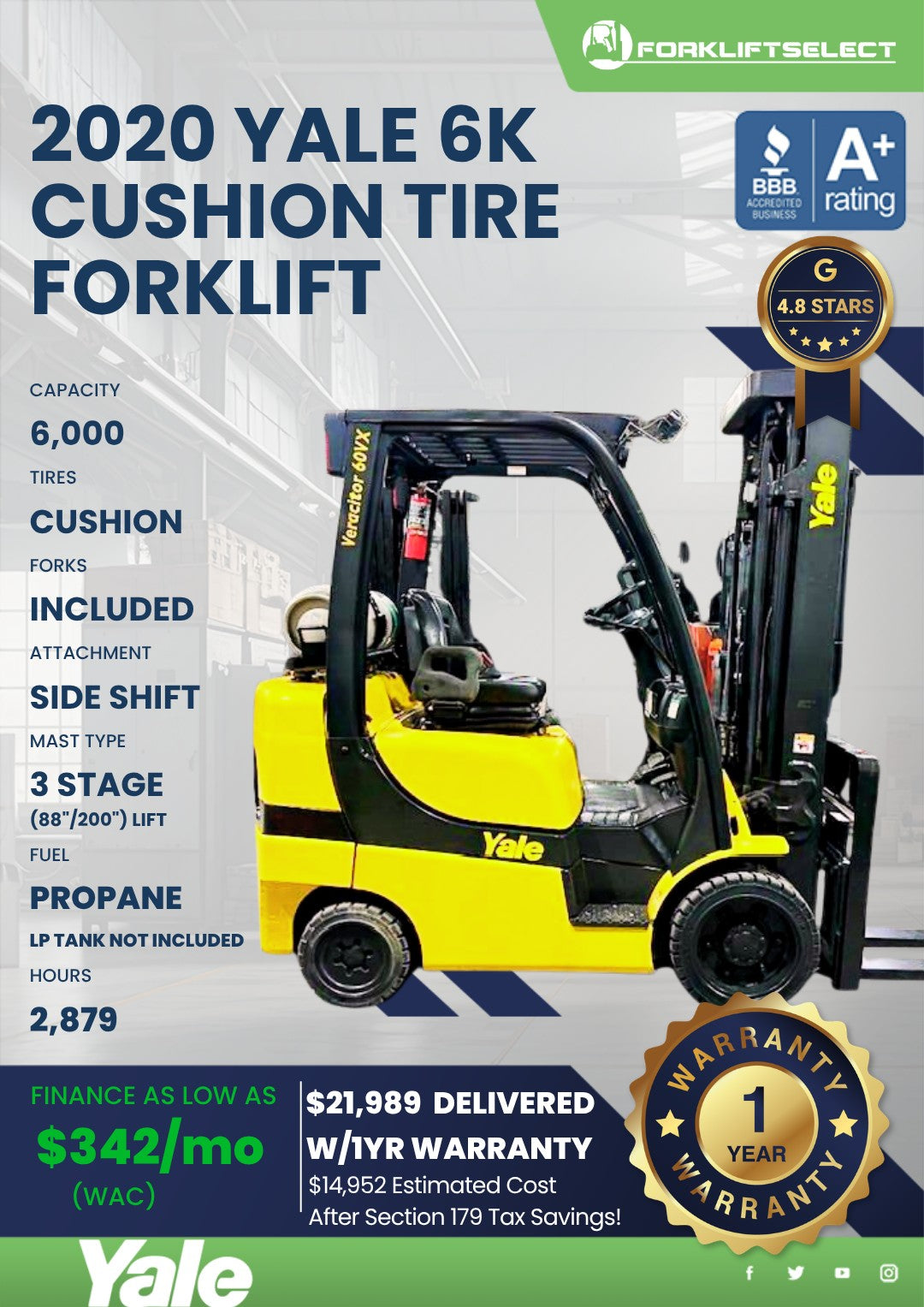 2020 Yale 6K Cushion Tire Forklift