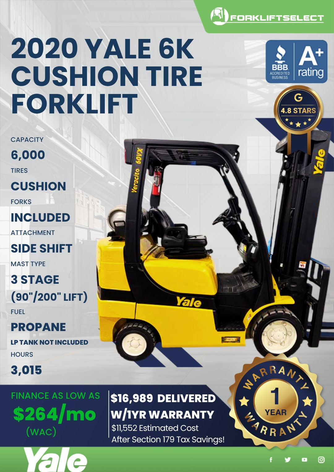 2020 Yale 6K Cushion Tire Forklift