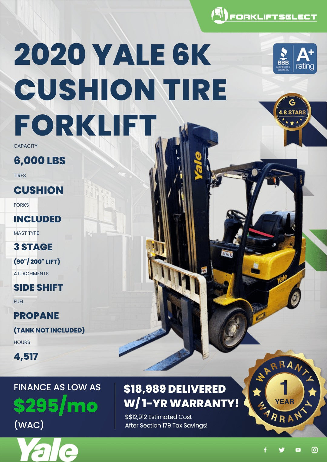 2020 Yale 6K Cushion Tire Forklift