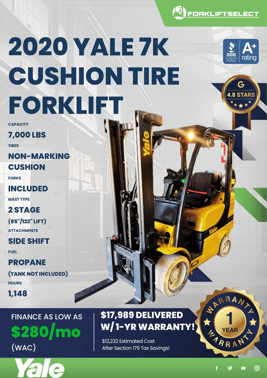 2020 Yale 7K Cushion Tire Forklift