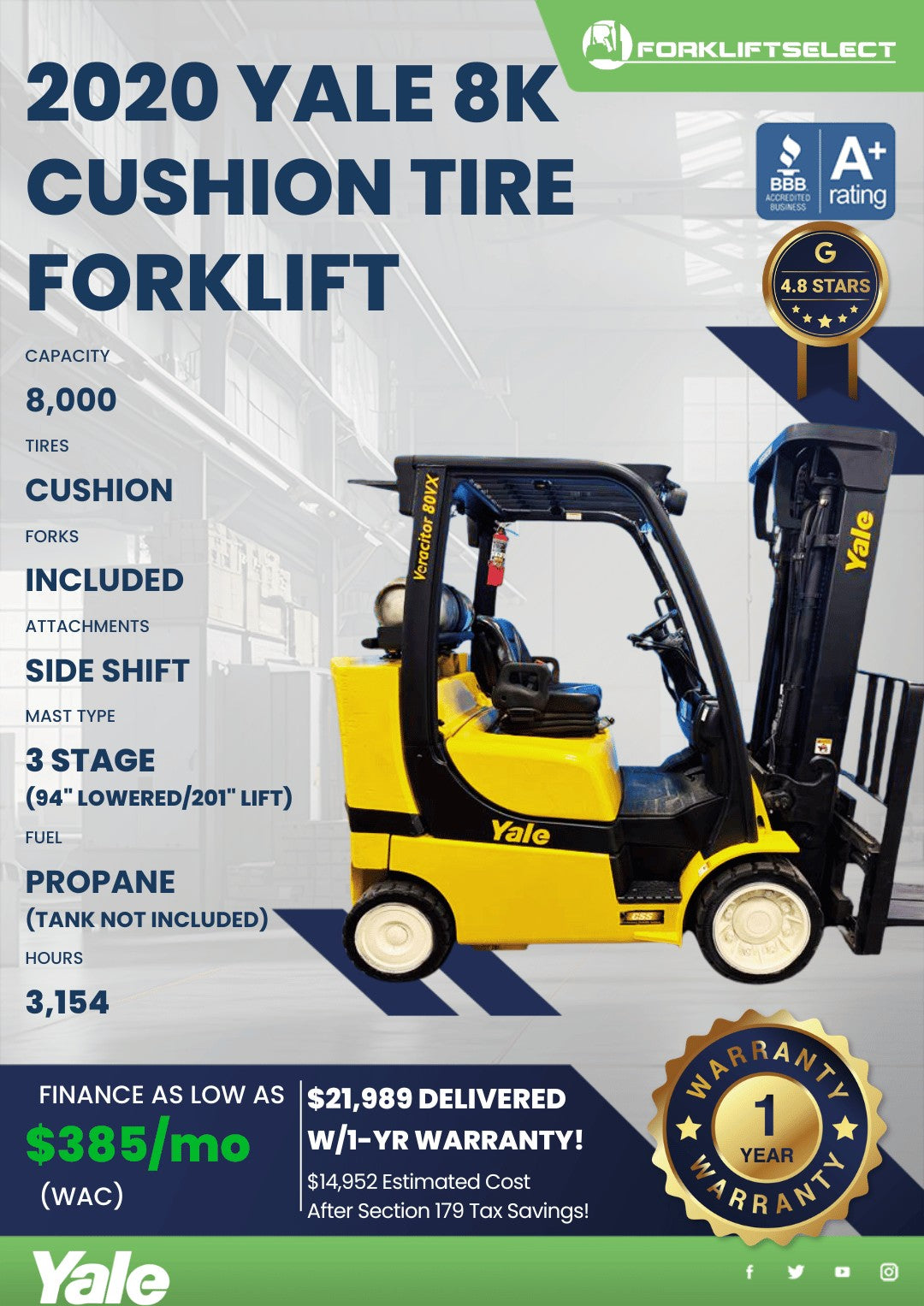 2020 Yale 8K Cushion Tire Forklift