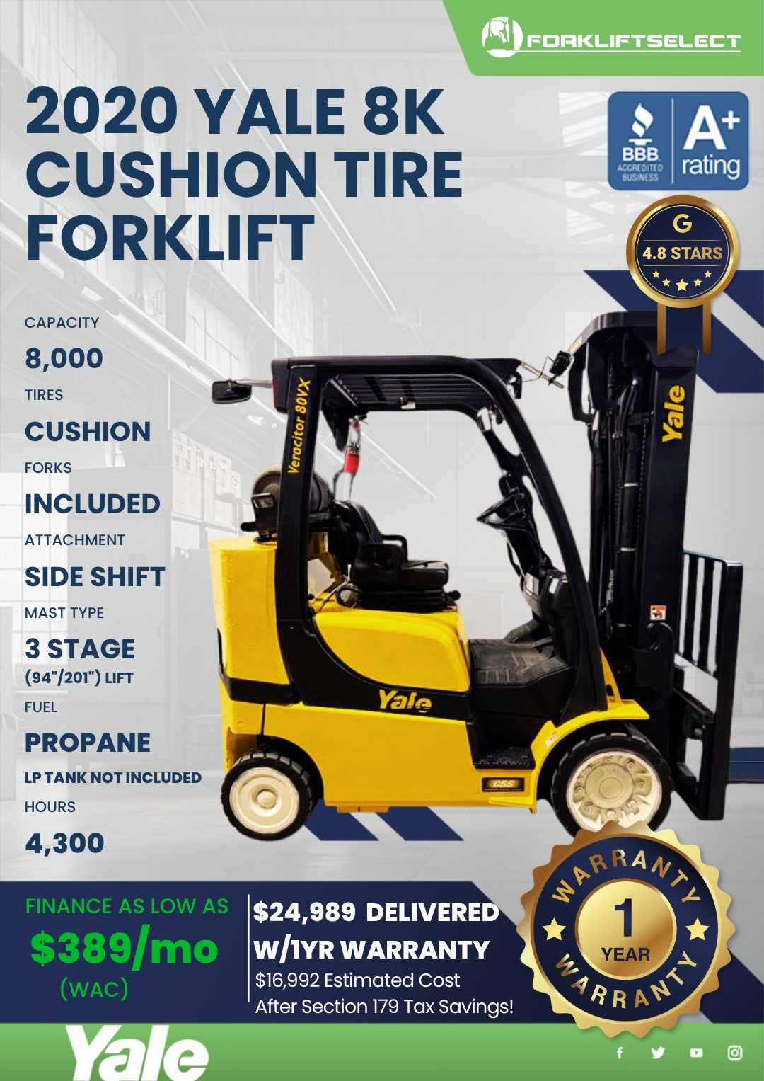 2020 Yale 8K Cushion Tire Forklift