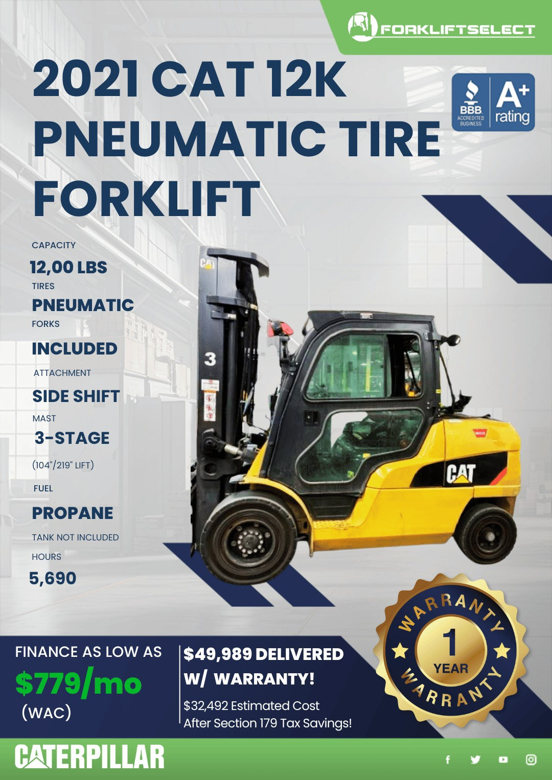 2021 CAT 12K Pneumatic Tire Forklif...