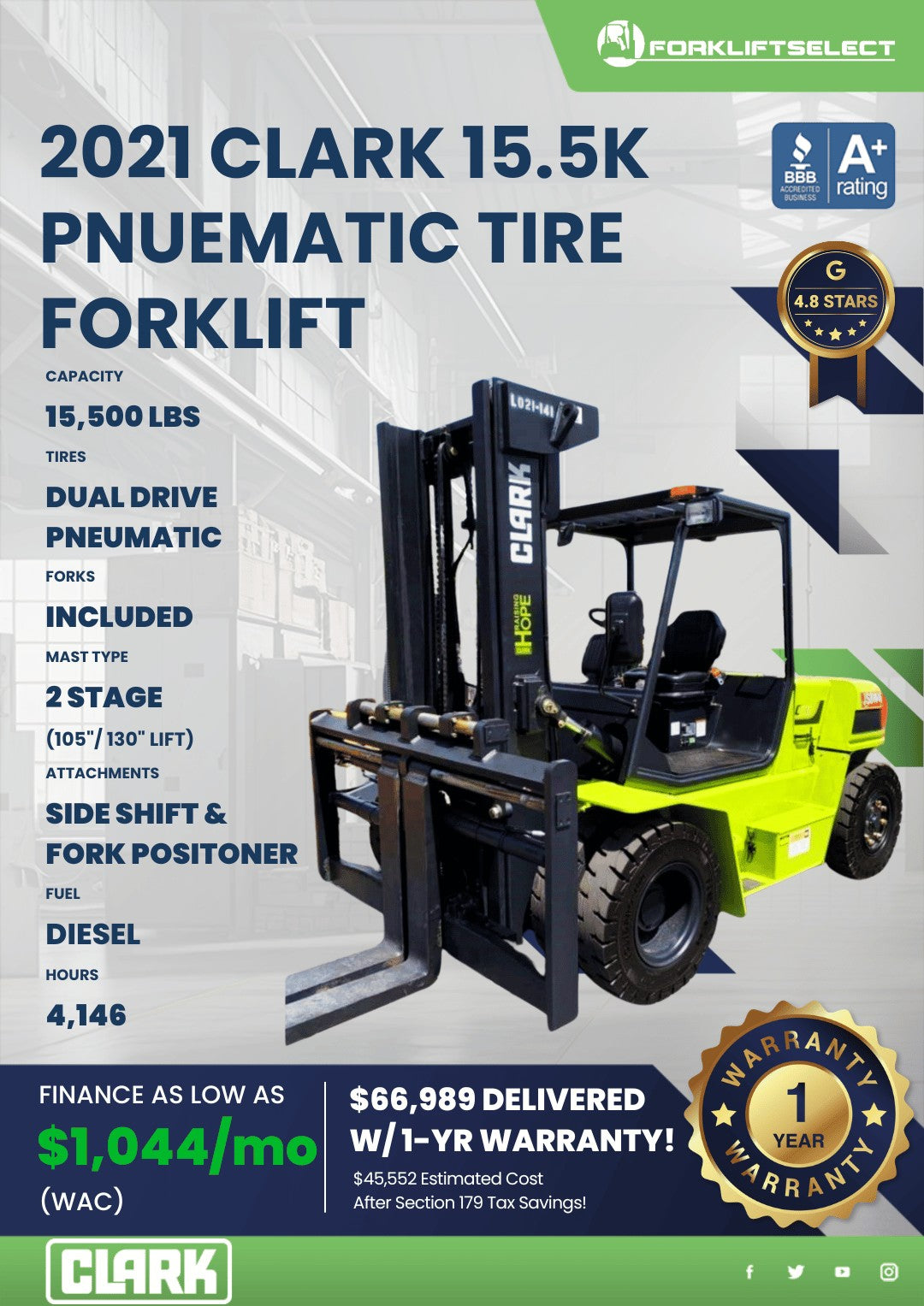2021 Clark 16K Pneumatic Tire Forkl...