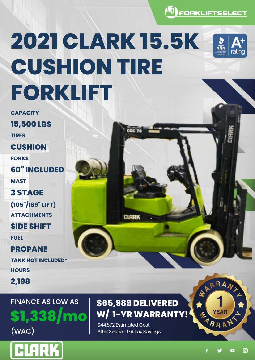 2021 Clark 16K Cushion Tire Forklif...