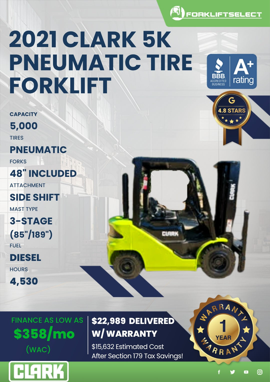 2021 Clark 5K Pneumatic Tire Forkli...
