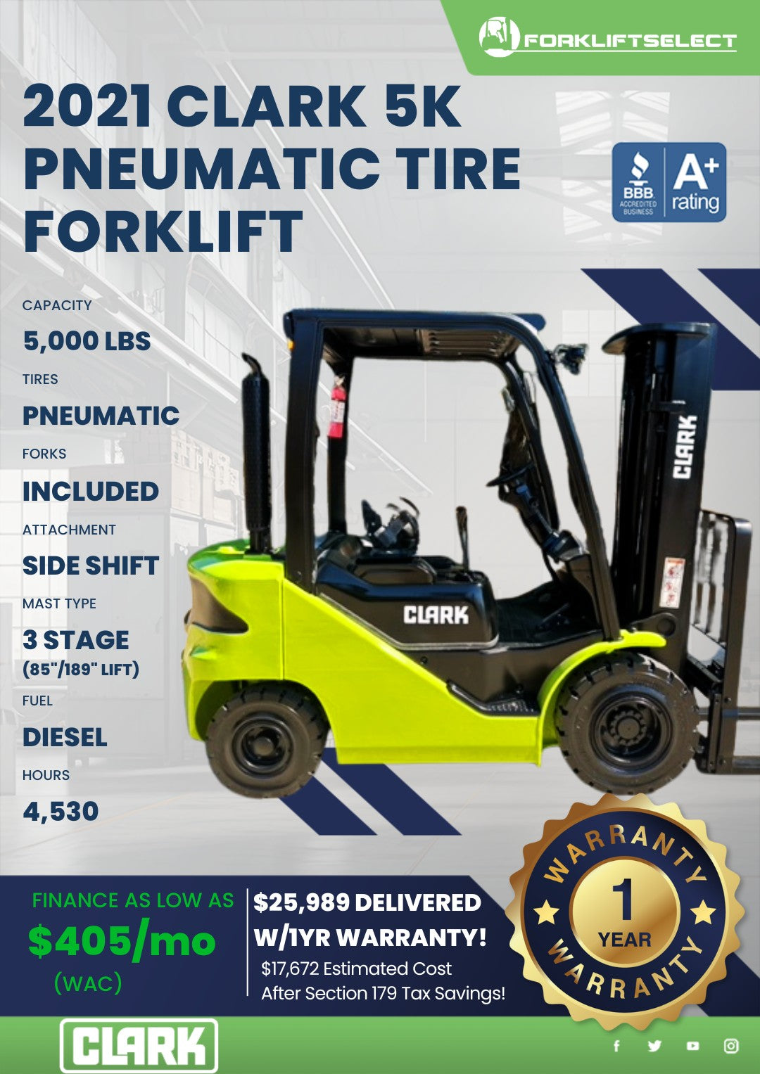2021 Clark 5K Pneumatic Tire Forkli...