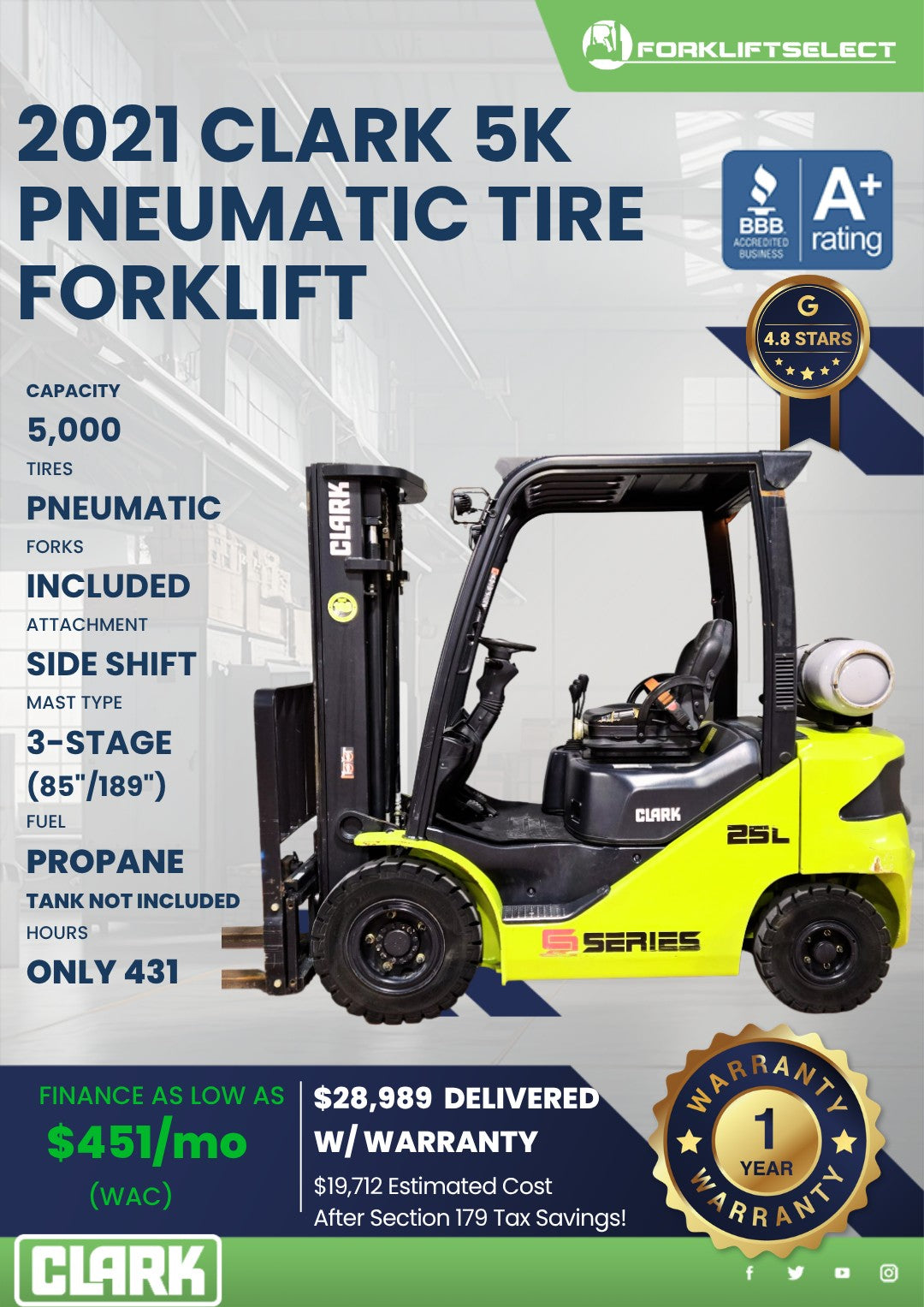 2021 Clark 5K Pneumatic Tire Forkli...