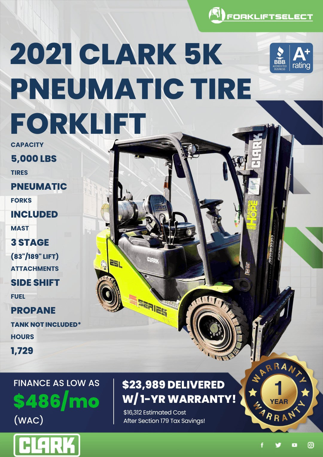2021.0 Clark 5K Pneumatic Tire Fork...