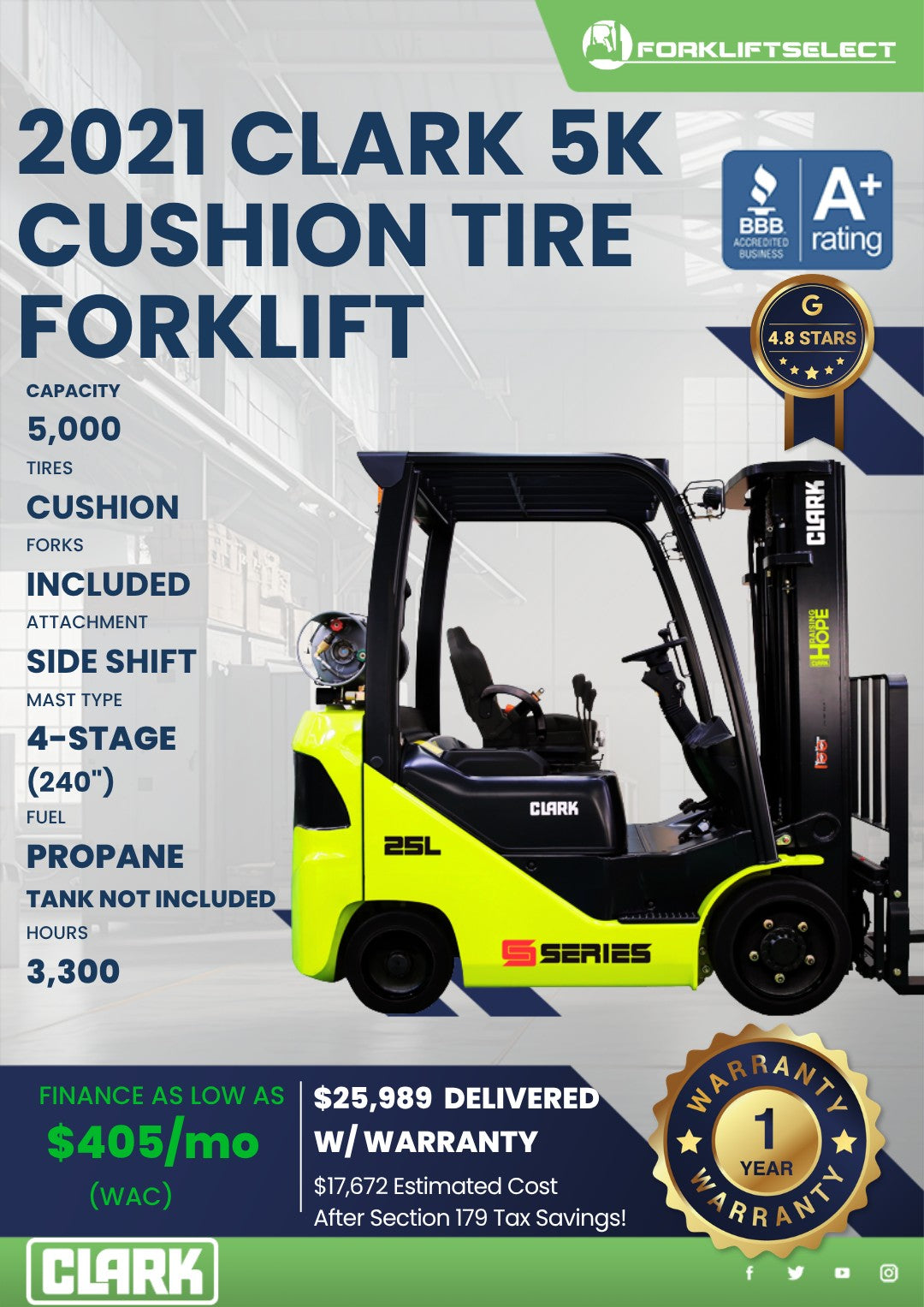 2021 Clark 5K Cushion Tire Forklift...
