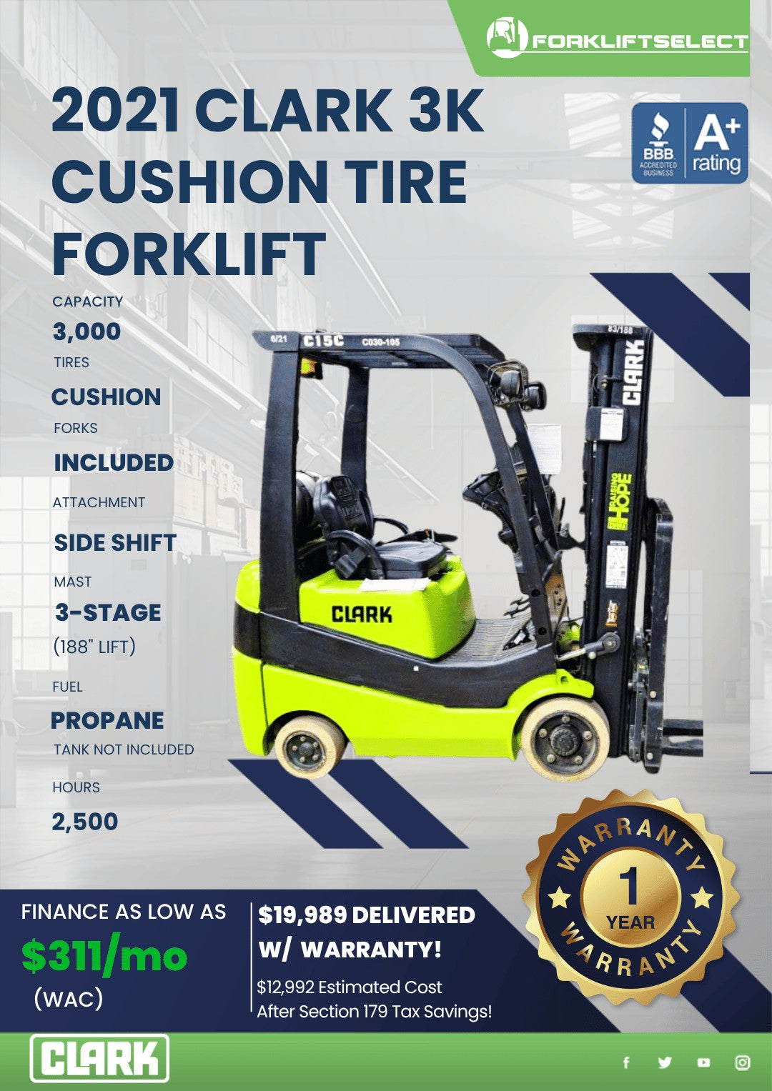 2021 Clark 3K Cushion Tire Forklift...