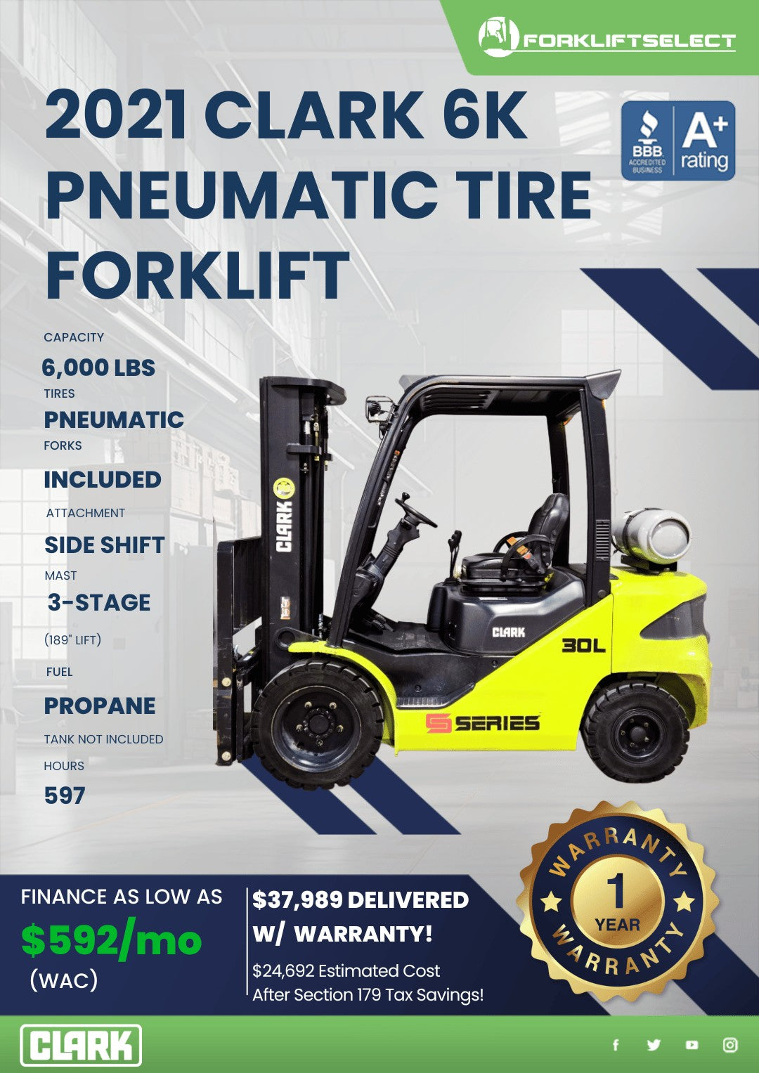 2021.0 Clark 6K Pneumatic Tire Fork...