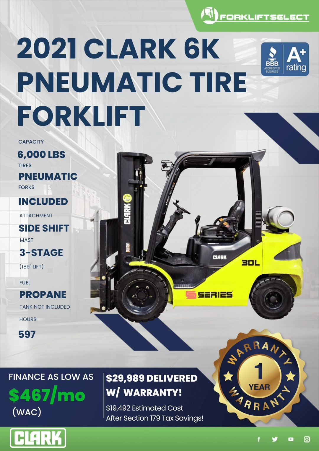 2021.0 Clark 6K Pneumatic Tire Fork...