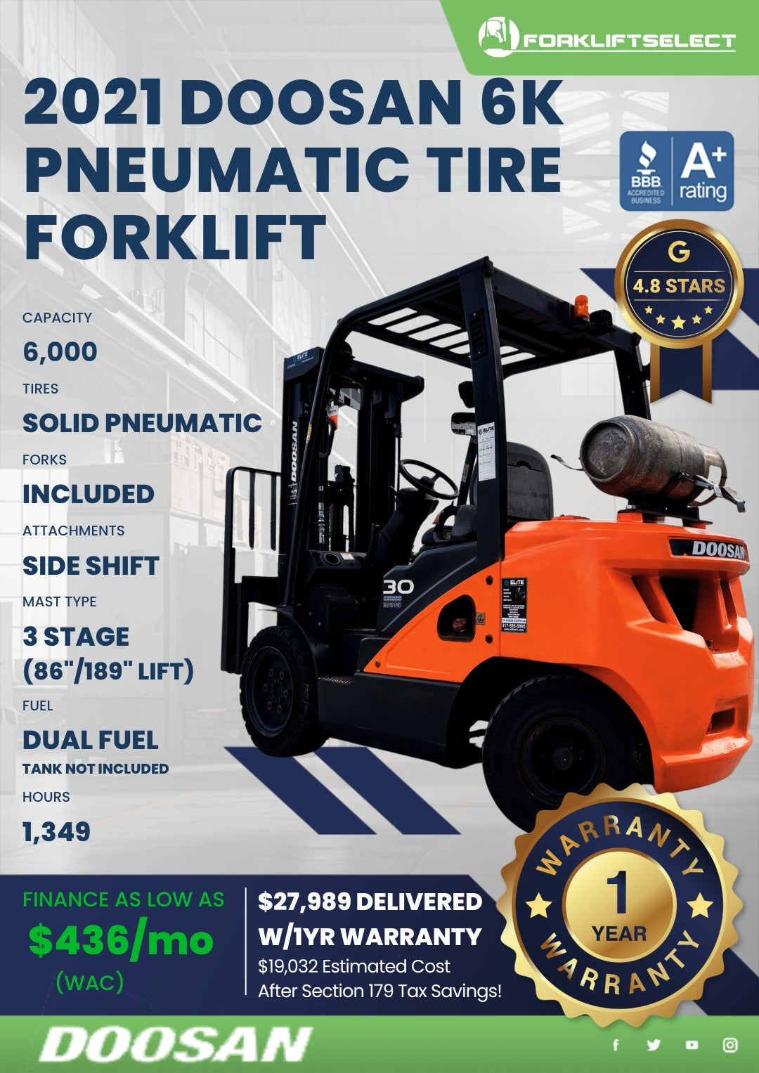 2021 Doosan 6K Pneumatic Tire Forkl...