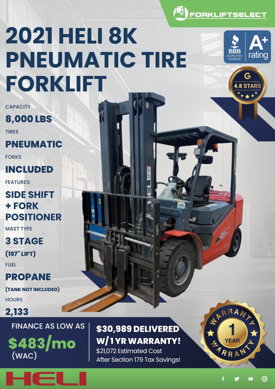 2021 HELI 8K Pneumatic Tire Forklif...