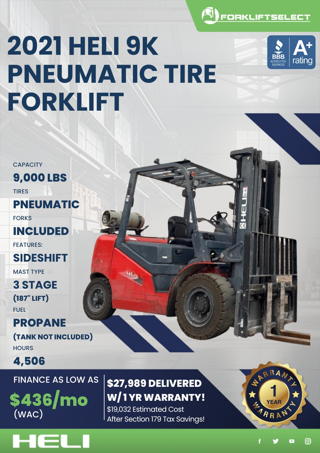 2021 Heli 9K Pneumatic Tire Forklif...