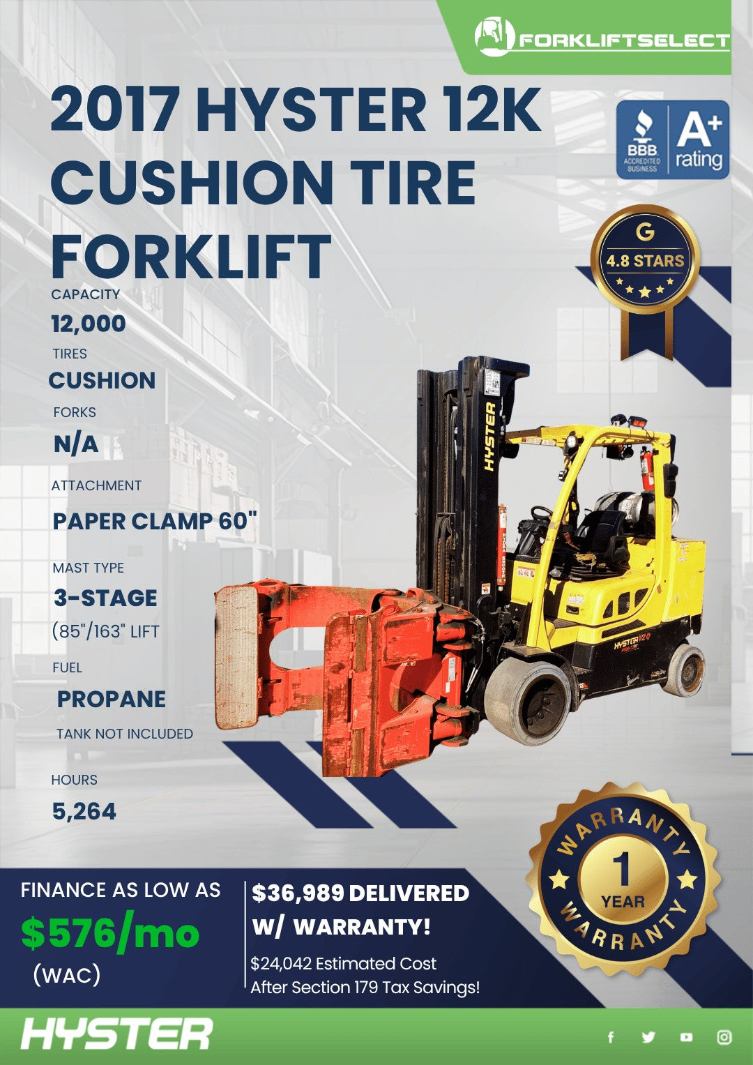2017 Hyster 12K Cushion Tire Forkli...