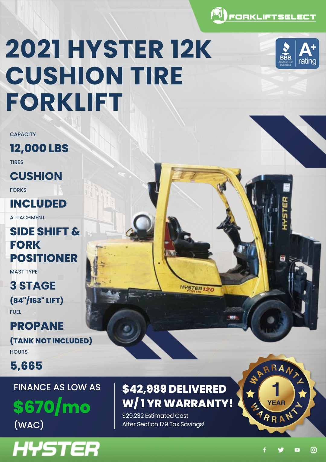 2021 Hyster 12K Cushion Tire Forkli...