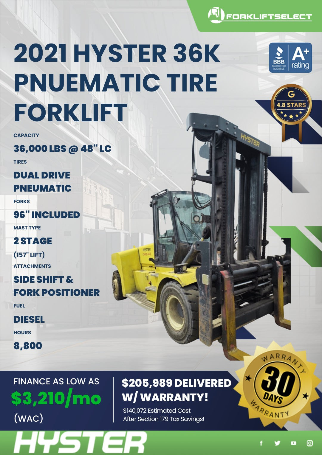 2021 Hyster 36K Pneumatic Tire Fork...
