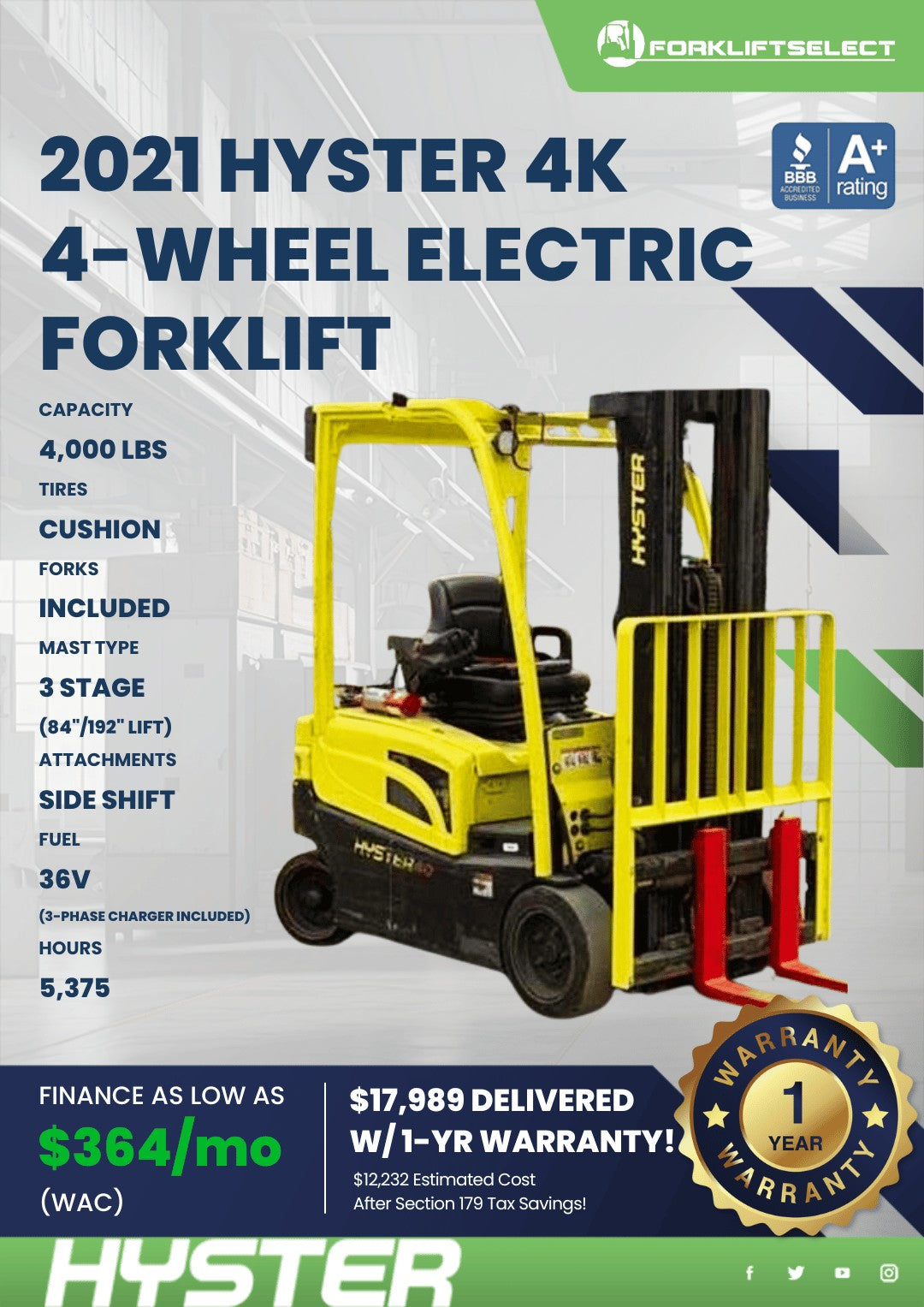 2021 Hyster 4K 4-Wheel Electric For...