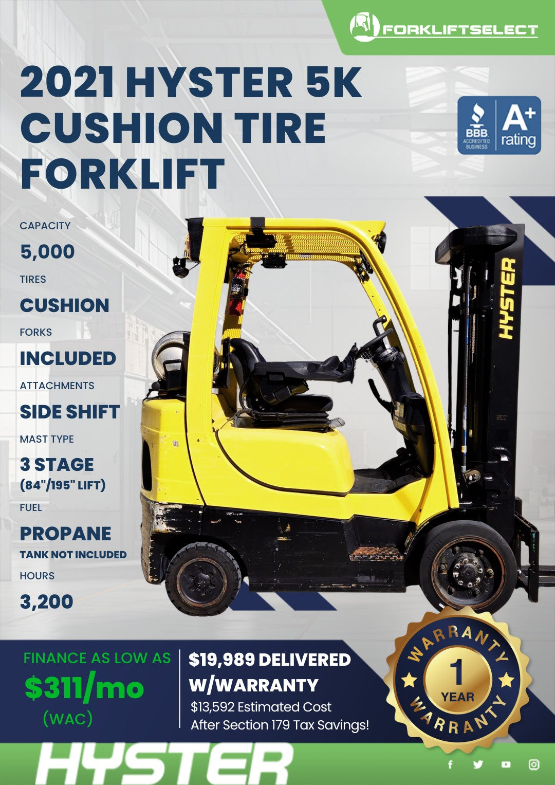 2021 Hyster 5K Cushion Tire Forklif...