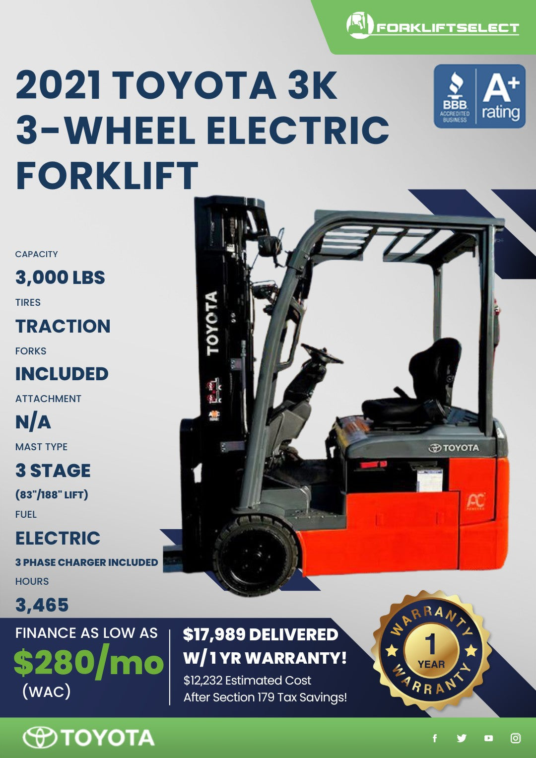 2021 Toyota 3K 3-Wheel Electric For...