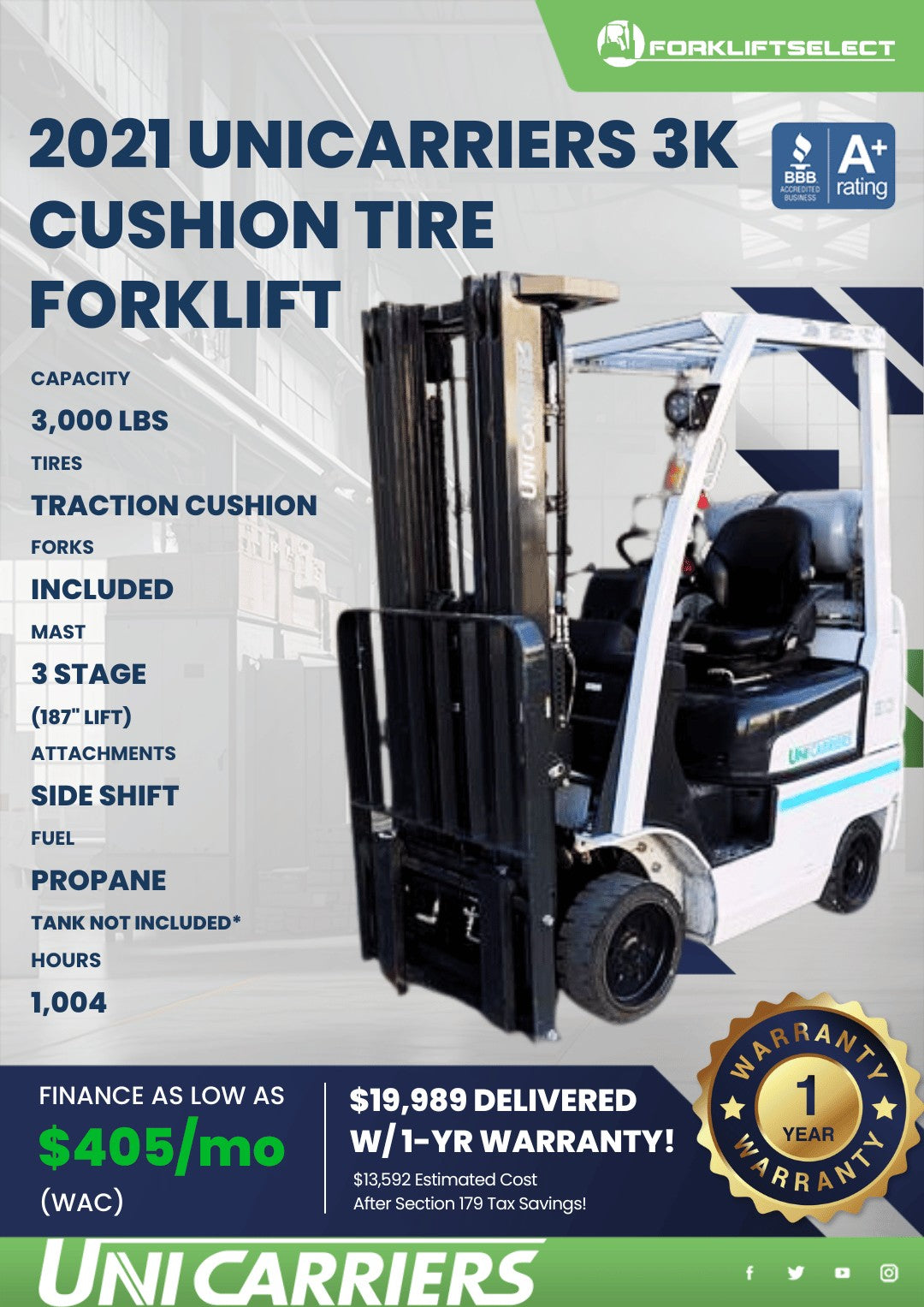 2021 UniCarriers 3K Cushion Tire Fo...