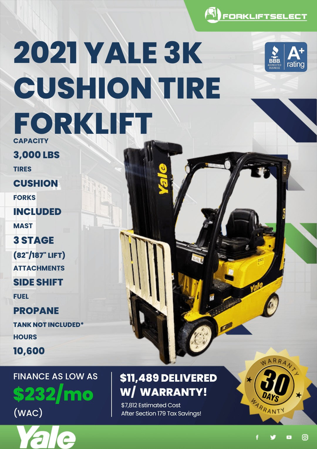 2021 Yale 3K Cushion Tire Forklift
