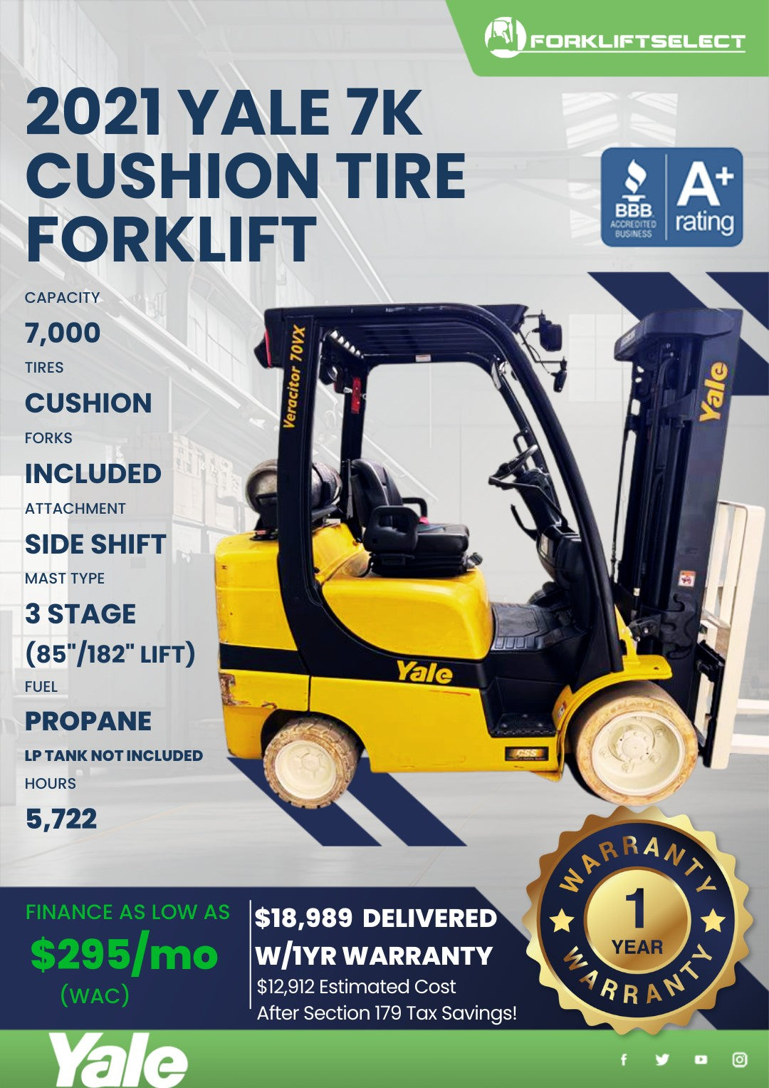 2021.0 Yale 7K Cushion Tire Forklif...